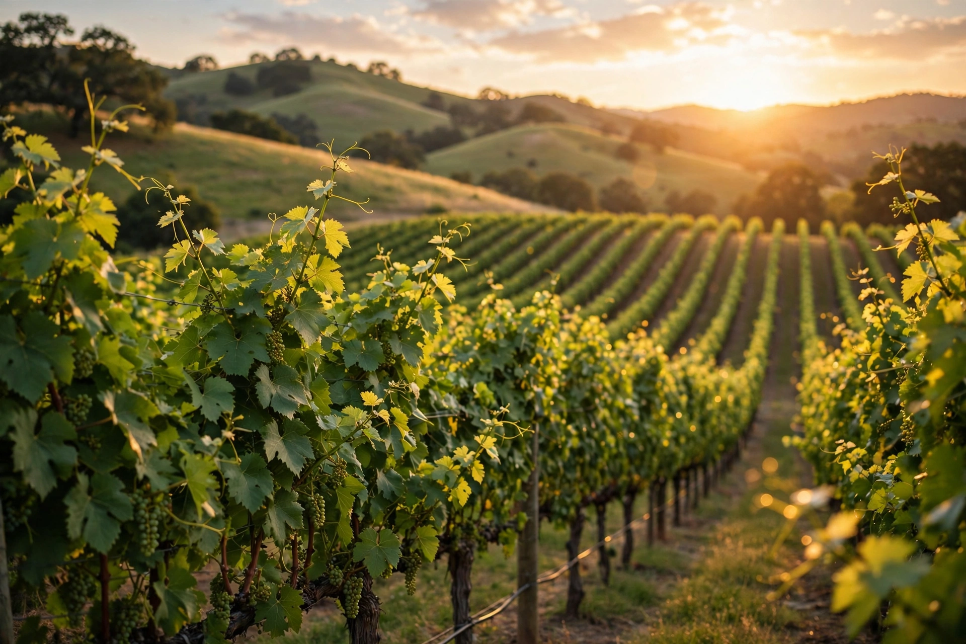 Sunset over green vineyard rows and rolling hills
